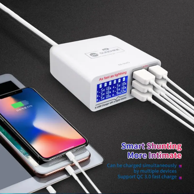 QC3.0 5V зарядное устройство 6 портов USB Мобильный телефон Быстрая зарядка Напряжение Ток дисплей X4YD