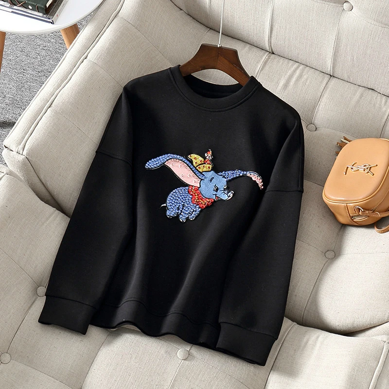 Embroidered Flying Elephant Runway Fall Sweatshirts Female White Black Hoodies for Women Long Sleeve Hoody Cotton Autumn Hooded