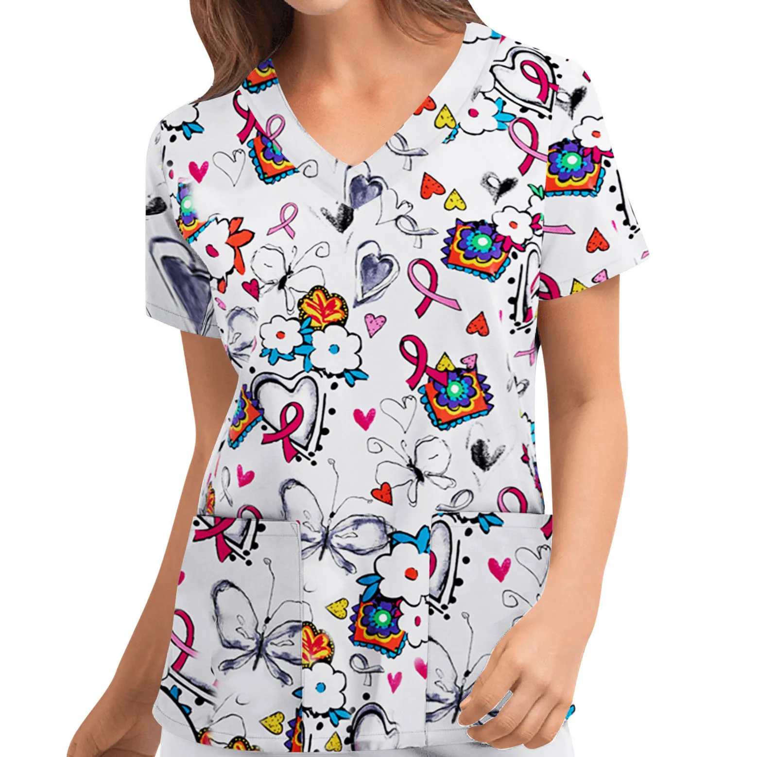 Uniformi mediche 2021 top da lavoro per infermiere estivo per donna tasca con scollo a v Plus Size uniformi a manica corta stampate Medicos Mujer