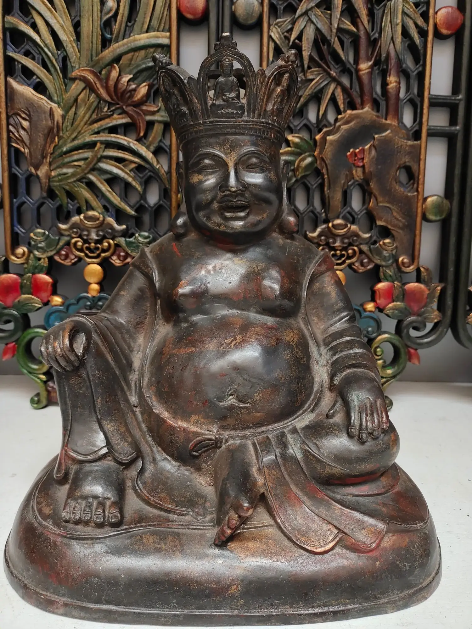 

Home Decor 13" Tibet Buddhism Temple Old Bronze Cinnabars Big Belly Laughing Maitreya Buddha Future Buddha Statue Amitabha