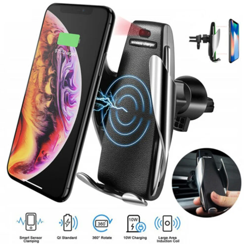 Online Soporte de teléfono de carga rápida de sujeción automática Qi de 10W en el coche para iPhone xr Huawei Samsung cargador de coche inalámbrico de teléfono inteligente