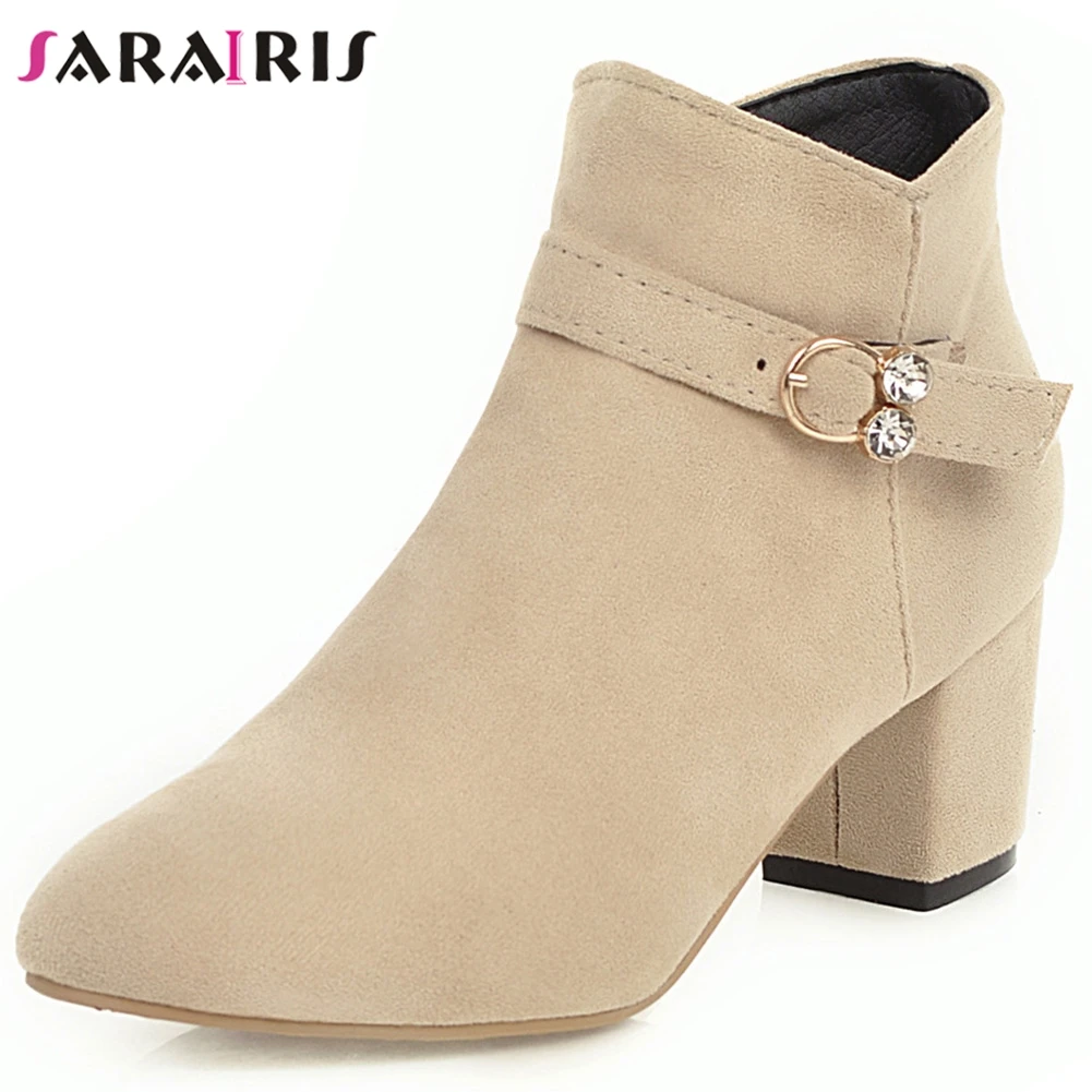 

SARAIRIS Office Female Elegant Buckle Strap Decorating Ankle Boots OL High Square Heels Boots Women Concise Solid Shoes Woman
