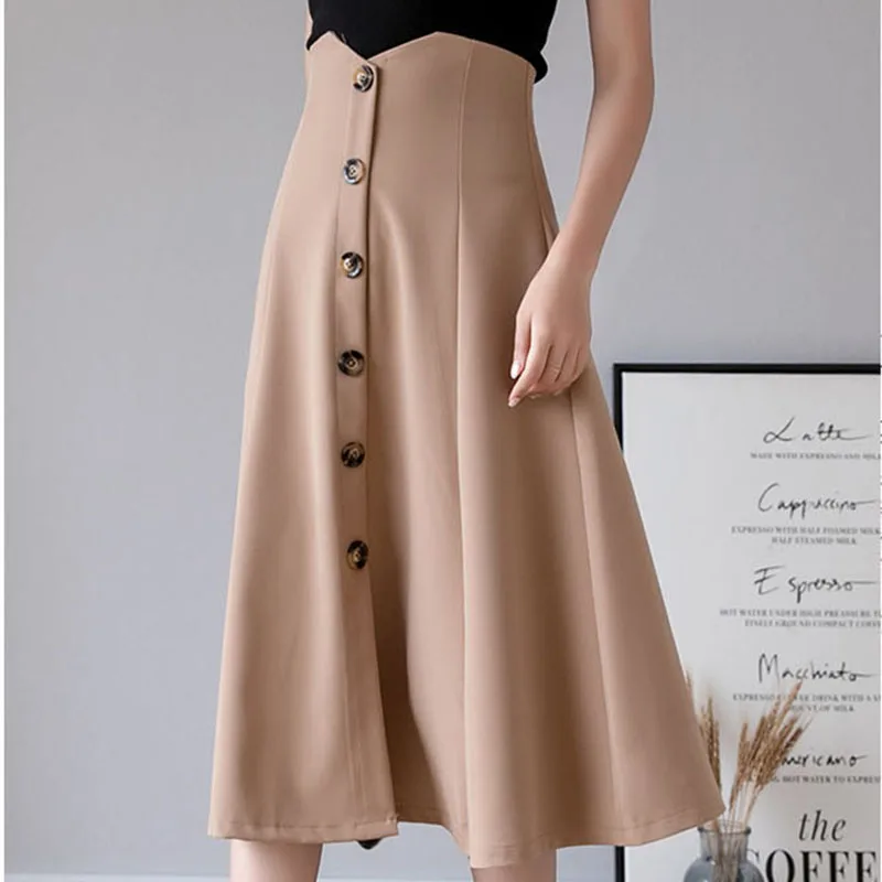 

shintimes 2020 Autumn Elegant A-Line Skirts Womens Single-breasted High Waist Korean OL Style Women Midi Skirt Female black Saia
