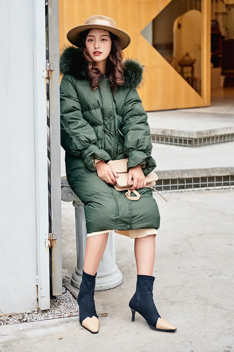 Зима, дизайн, Gloria&Grace, Зеленый/Белый, толстый меховой воротник, большой размер, свободный, теплый, пуховик на утином пуху, длинное пальто, верхняя одежда