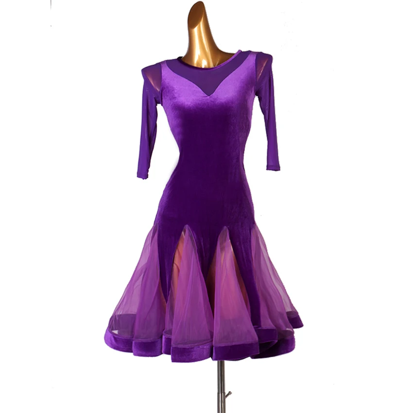Фиолетовый бархатный латинский танцевальное платье для девочек женские Samba танцевальные костюмы для сальсы для бальных танцев платья одежда соревнования