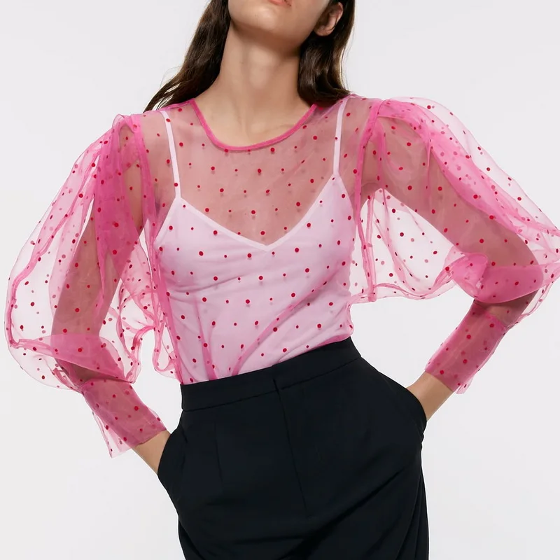 

Transparent Women Blouse Autumn 2019 New Fashion Hop Pink Organza Polka Dot Print Shirt Modern Lady Wide Top