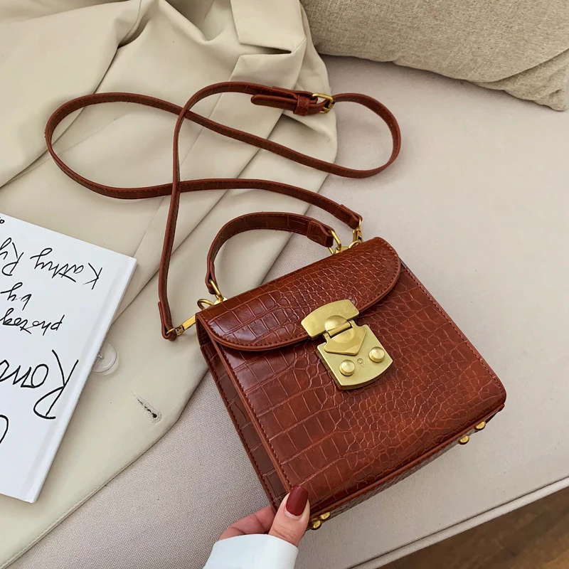 Brown Mini Stone Pattern из искусственной кожи через плечо сумки для Для женщин замок дизайнерские сумки через плечо сумка Женская дорожная Сумки - Цвет: Brown