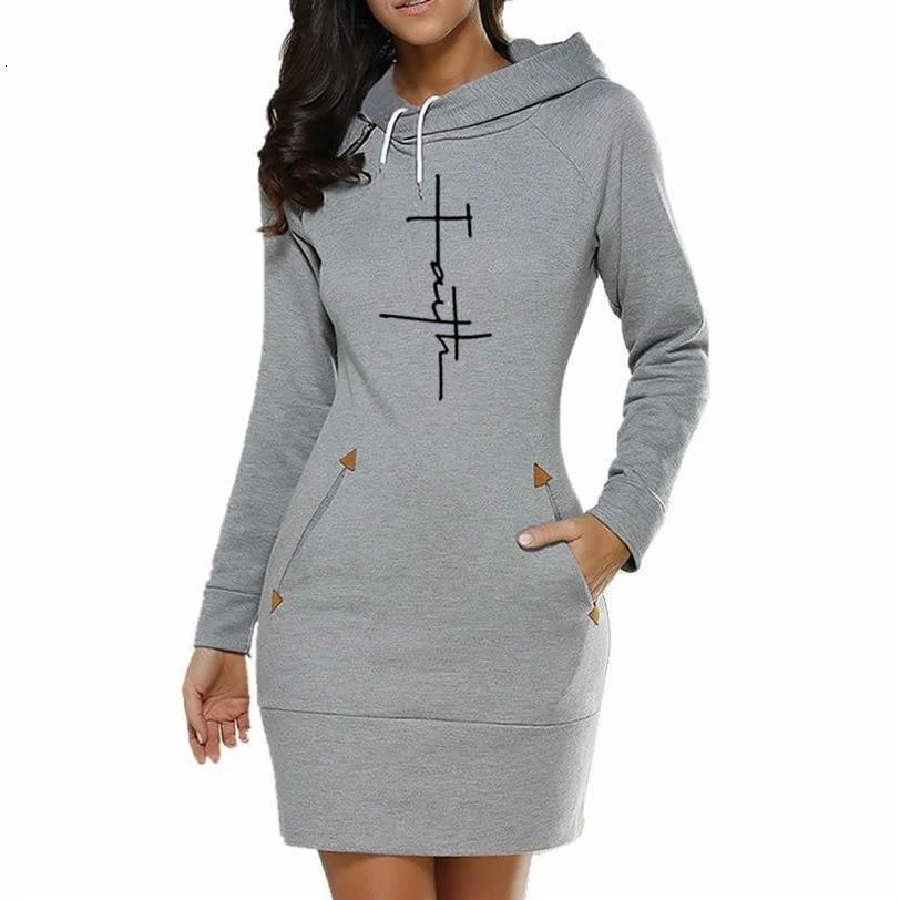  For Women Faith Letters Print Long Dress Hoodies Sweatshirt Femmes Kawaii Tops Thick Cute Youth Cot