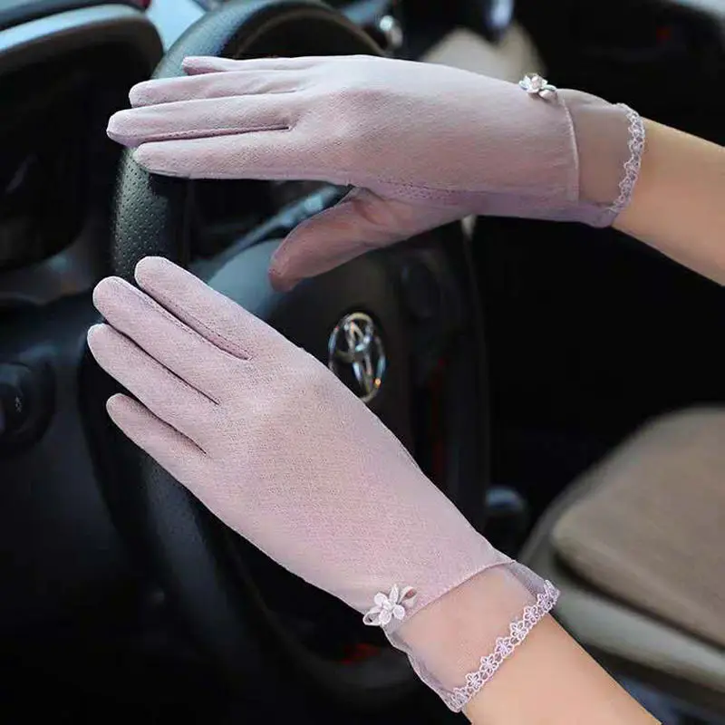 

Sexy Summer Women UV Sunscreen Short Sun Screen Pearl Flowers Gloves Thin Ice Silk Lace Touch Screen Viscose Driving Gloves