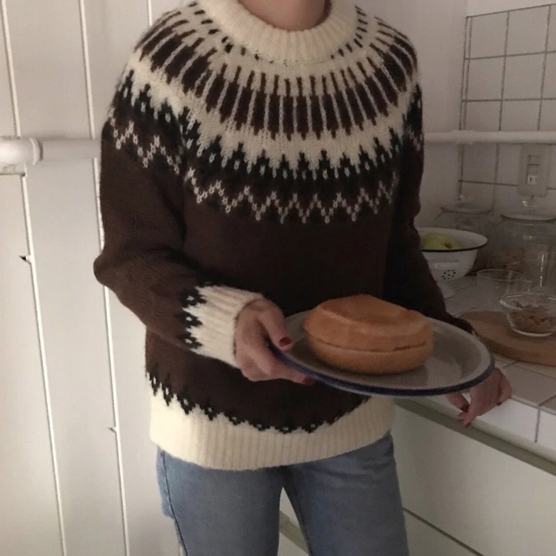 Argyle Sweater Women Thicken Vintage Autumn Winter Jumpers Long Sleeve Pullover Jacket Knitted Harajuku Korean Christmas V810