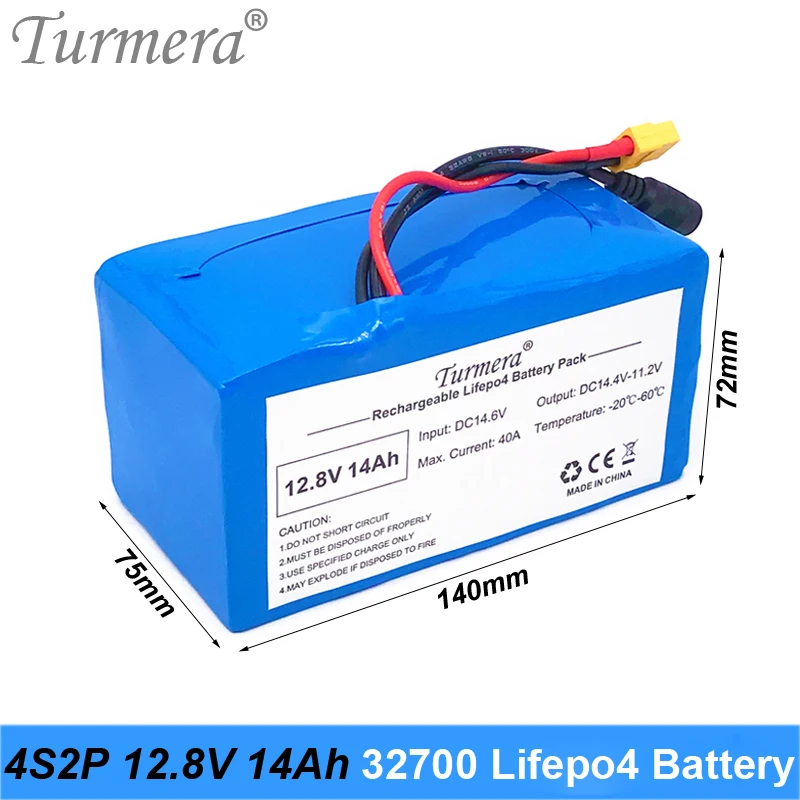 Turmera 32700 Lifepo4 Battery Pack 4S2P 12.8V 14Ah with 4S 40A Balanced BMS for Electric Boat and Uninterrupted Power Supply 12V 12