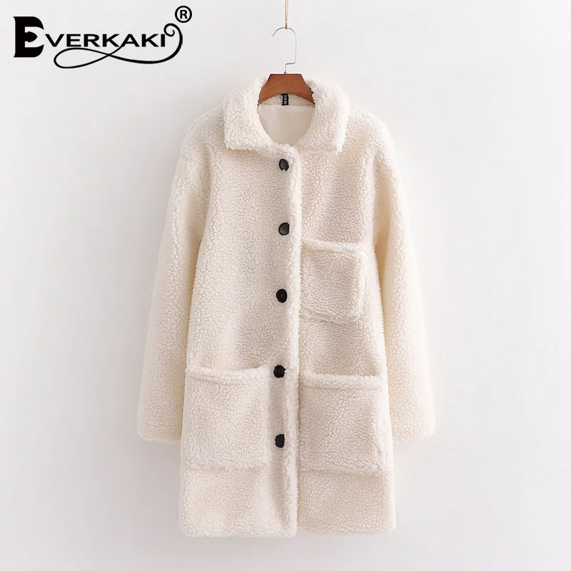 White Everkaki Boho Lambs Fur Coats Jacket Women Winter Pocket Elegant Ladies Casual Teddy Fur Long Thick Jacket Coats Female New - Цвет: White