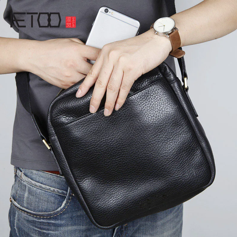 

BJYL Men's Leather Oblique bag Baotou cowhide Casual shoulder pack simple men's retro small bag