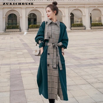 

ZURICHOUSE Plaid Windbreaker Women Retro Double-breasted Belted Trench 2020 Fashion Contrast Color Splice Autumn Long Coat