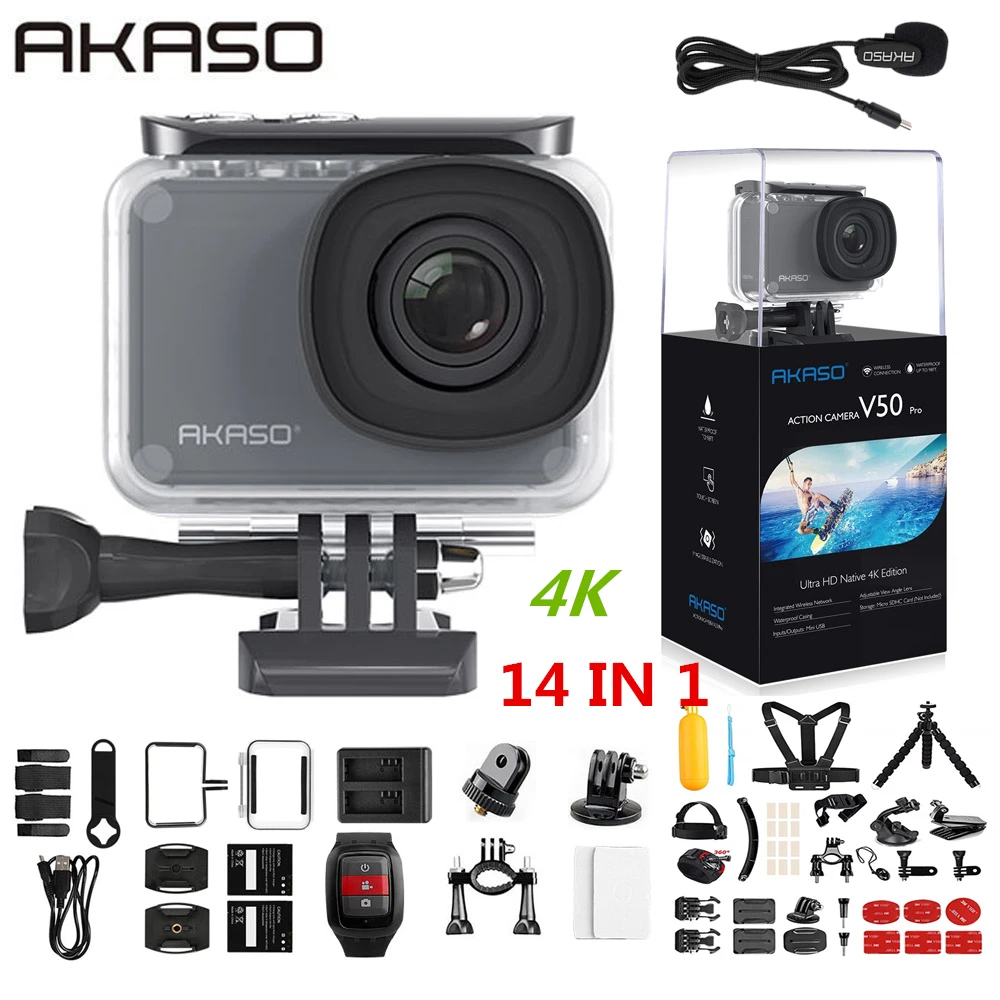 AKASO V50 Pro родная 4 K/30fps 20MP WiFi Экшн-камера EIS с сенсорным экраном 30m Водонепроницаемая Спортивная камера 4k с поддержкой внешнего Micro