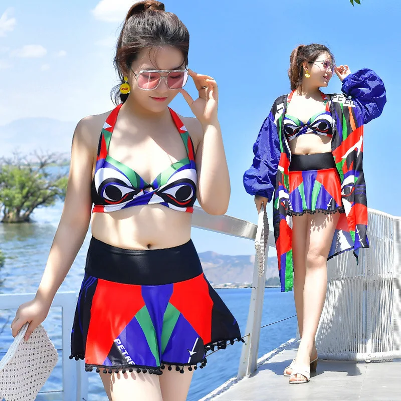 

New Style Large Size Fat Mm220 Jin Bikini Two-piece Swimsuits Three-piece Set Sun Blocking Cover-up Hiphop-Style Underwire Push