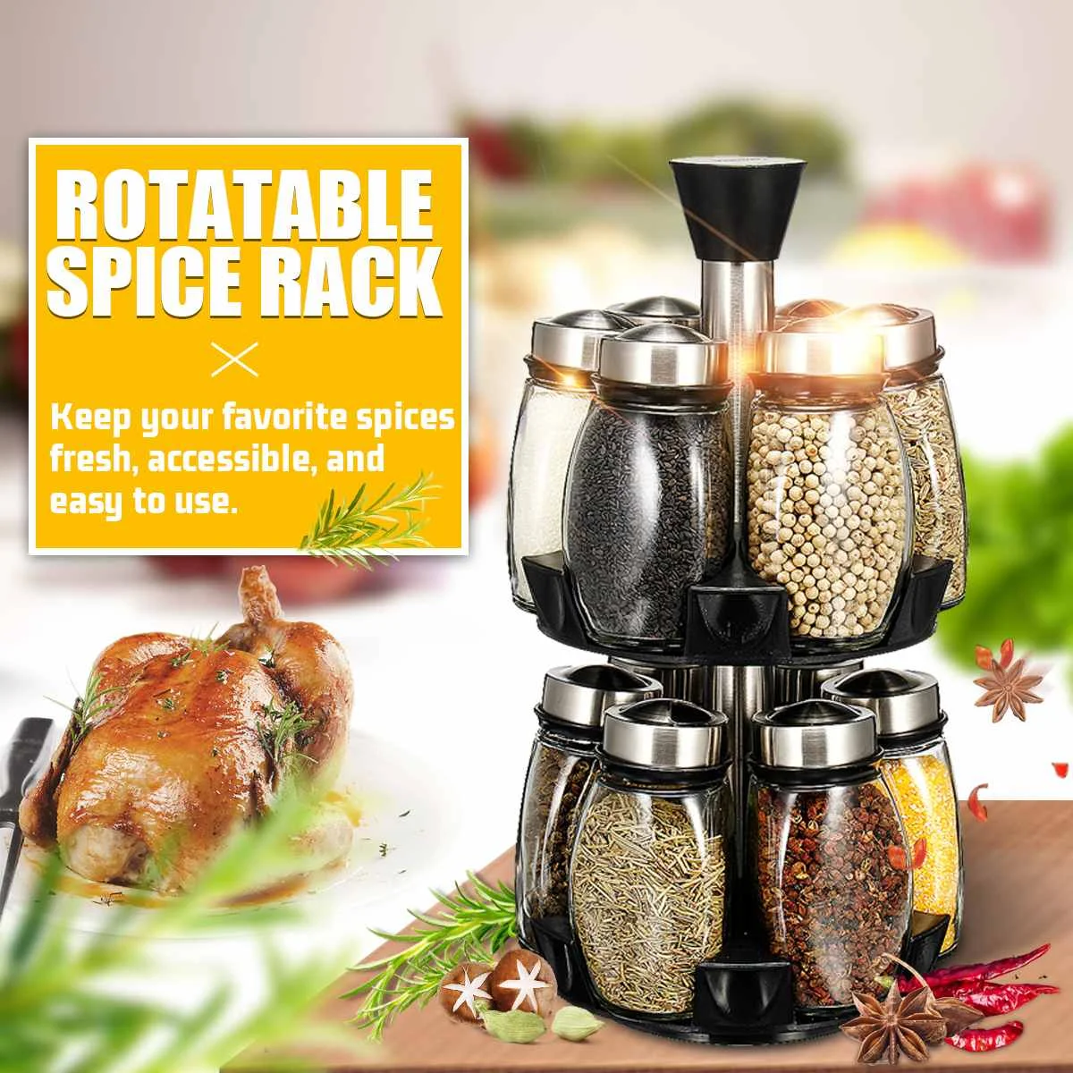 

12PCS/Set Rotating Spice Storage Rack Holder Seasoning Bottles Stand Kitchen Organizer Condiment Pot Storage Jars Bottles Gifts