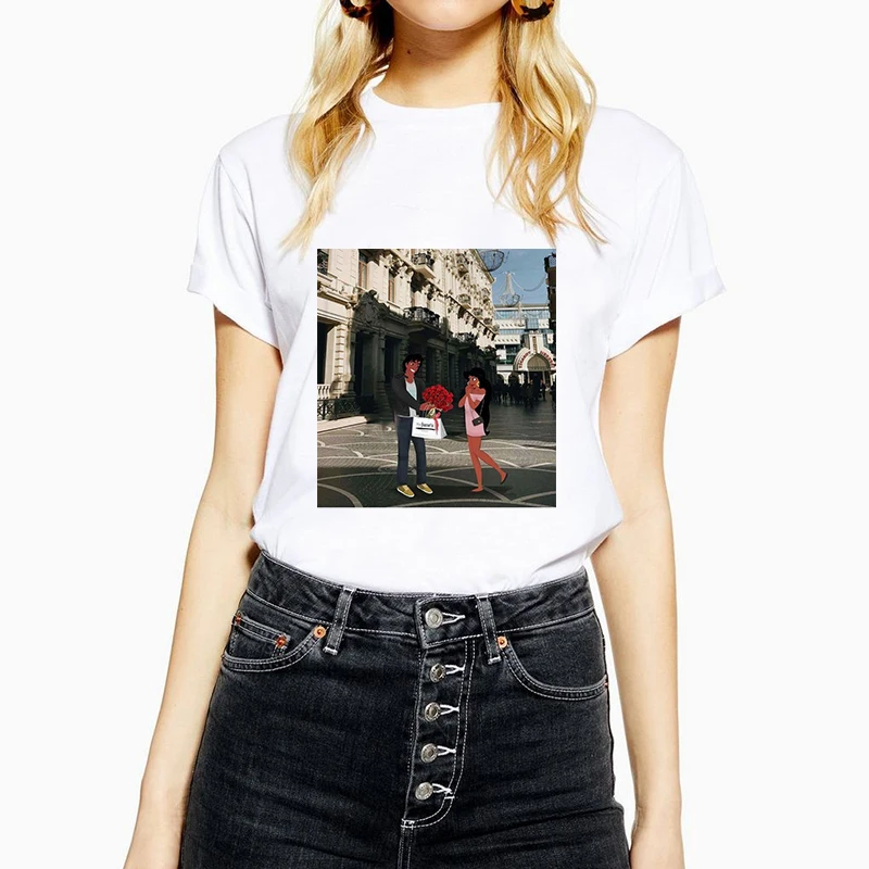 KMOGOER, Винтажная футболка с рисунком Ариэль и Эрика, хлопковая Футболка с круглым вырезом, мультяшный принт, Повседневная футболка с коротким рукавом, Harajuku, женская футболка размера плюс, топы
