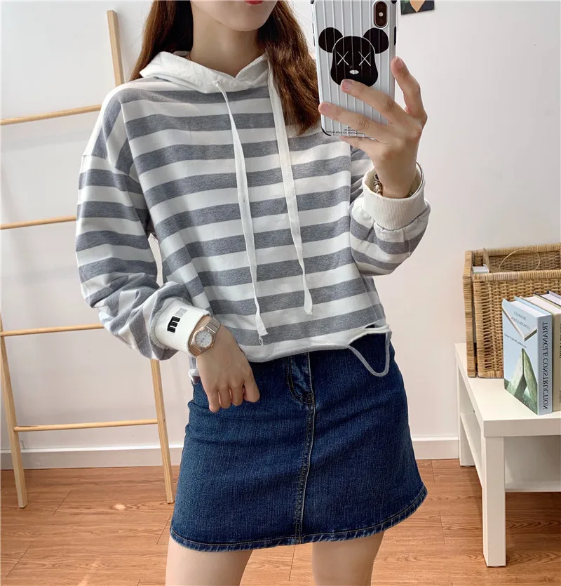 

Crop Top Hoodie Striped Cotton Casual Pullovers Hooded Embroidery Letters Sleeve Korean Hoodie Sweatshirts Women Long Sleeve