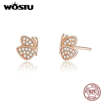 

WOSTU 100% Real 925 Sterling Silver Animal Earring Noble Rose Gold Dancing Butterfly Stud Earrings For Women Jewelry BKE776