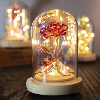 

H&D Enchanted Red Rose Butterfly LED Light in Glass Dome on Wooden Base Valentine's Day Anniversary Birthday Home Wedding Decor