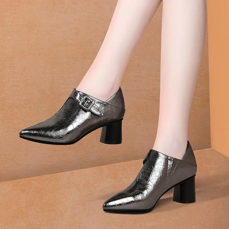 

Shoes Women's Pointed Toe Chunky Heel High Heel Shoes Women's New Style Deep Mouth Buckle Semi-high Heeled WOMEN'S Shoes