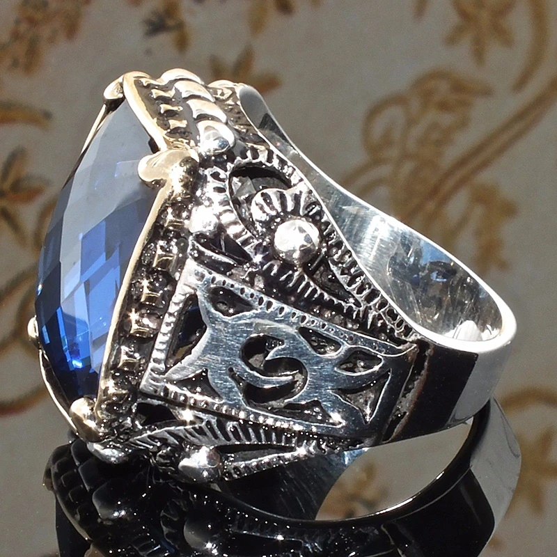 Большой синий циркониевый камень cz винтажные кольца серебряного цвета для мужчин и женщин унисекс Ретро Резьба на кончик пальца Кольца средней длины ювелирные изделия Z4Q939