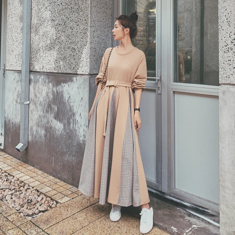 NSMW MI 2021 French Long Sleeve Sweater Dress Women Spring Autumn Clothing Large Swing Color Matching Casual Long Dress D49