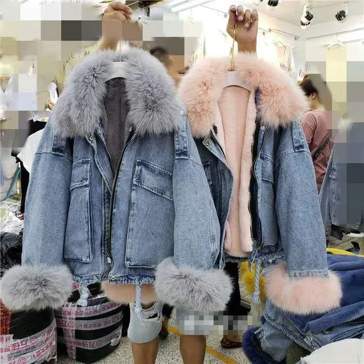 

2019 Winter New Style Deconstructable Plush Inner Wearing Large Fur Collar Jeans Coat Parka Women's Thick Warm Cotton-padded Clo