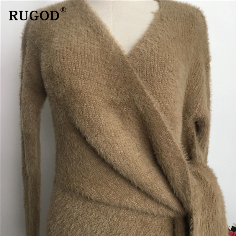 RUGOD корейское длинное платье-свитер с поясом женское элегантное мягкое теплое вязаное платье женское модное зимнее негабаритное плотное платье