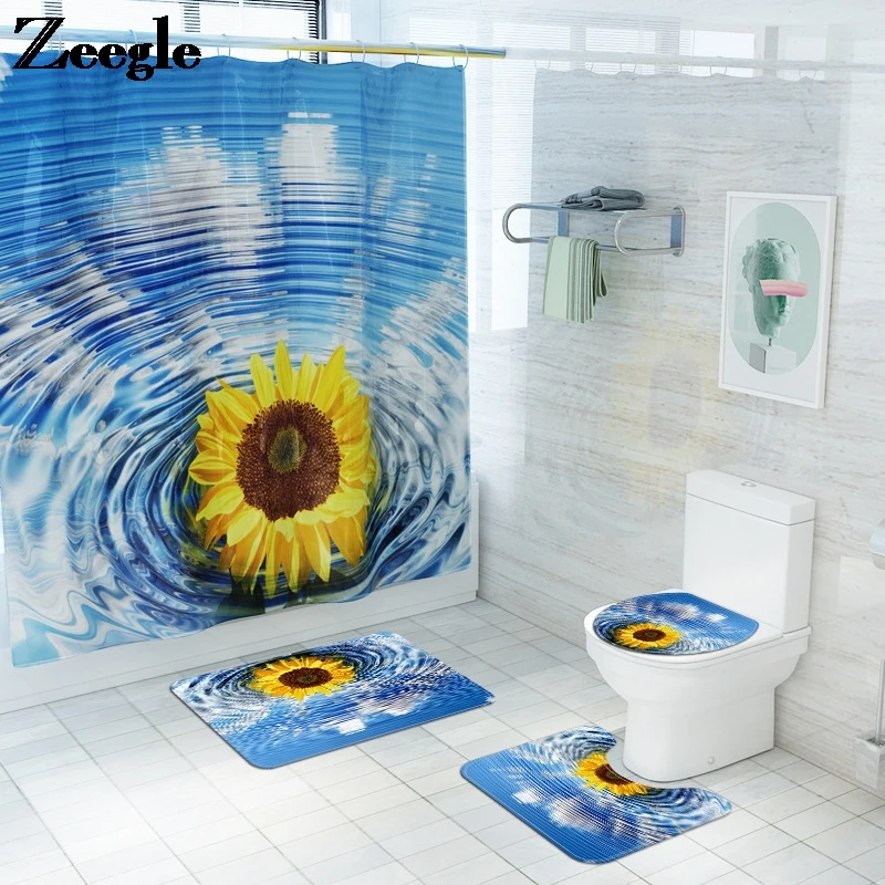 Sunflower Bath Mat and Shower Curtain Printed Bathroom Carpet Mat Microfiber Bathroom Mat Set Non-slip Foot Mat