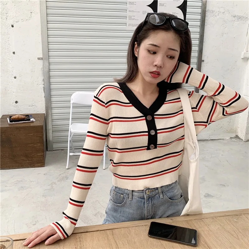 Women Casual Wild Sweater Lady Autumn V-neck Striped Knitted Clothes Long Sleeve Button Fashion Pullover Female Sweaters Tops Women Casual Wild Sweater Lady Autumn V-neck Striped Knitted Clothes Long Sleeve Button Fashion Pullover Female Sweaters Tops