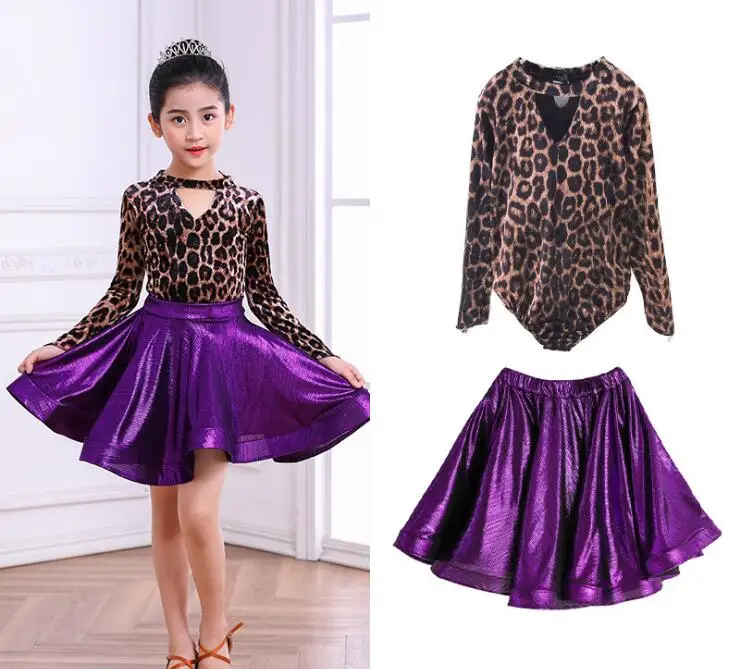 2 pcs set Одежда для латинских танцев для девочек; одежда для ча-румбы-самбы с длинными рукавами; леопардовая бархатная отдельная Глянцевая юбка; детская одежда для тренировок - Цвет: 2 pcs set