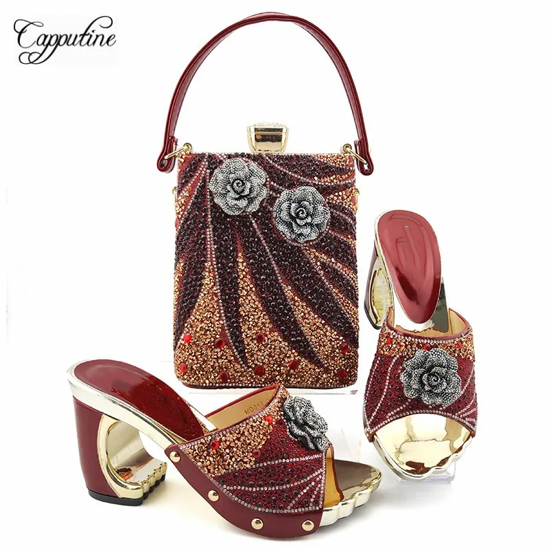 

High Class Wine With Flower Design Slipper Shoes And Evening Handbag Set With Rhinestones MD013 Heel Height 9CM