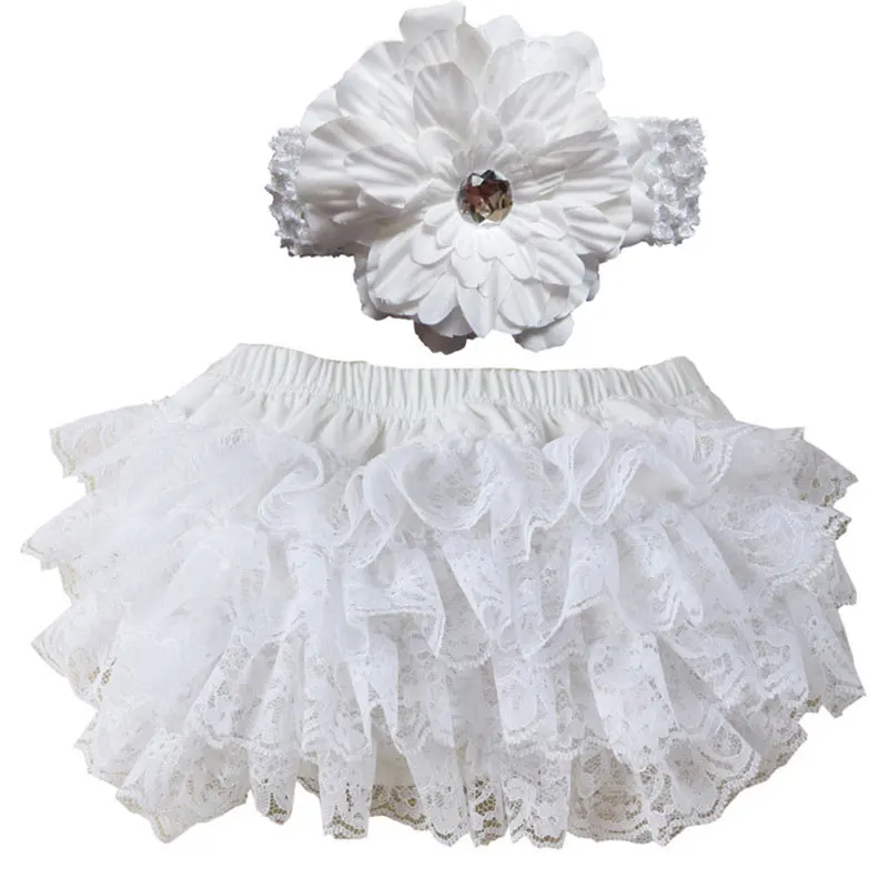 

High Quality Cute New Baby Girl Bloomers Diaper Cover Headband Set Newborn Ruffle Panties Lace Infant Shorts