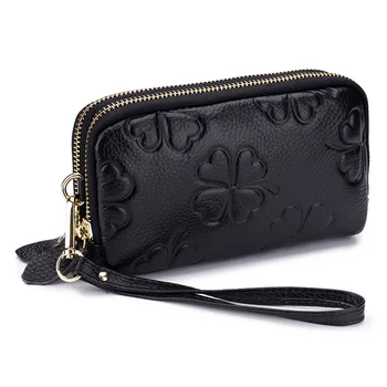 

Genuine Cow Leather Women Long Wallet First Layer of Cowhide Ladies Double Zipper Purse Four-Leaf Clover Female Money Bag #17