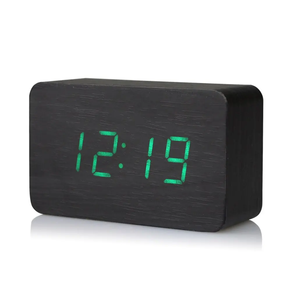 black wood green Квадратный деревянный светодиодный дисплей Цифровой Электронный Будильник Подсветка контроль температуры Время Календарь Голосовое управление - Цвет: black wood green