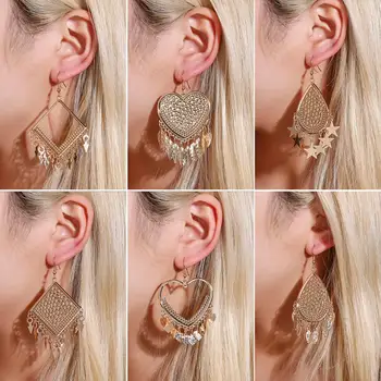 

2020 New Trendy Design Ethnic Women Heart Rhombus Geometric Dangle Tassel Hook Earrings Jewelry Decor Accessory Gift