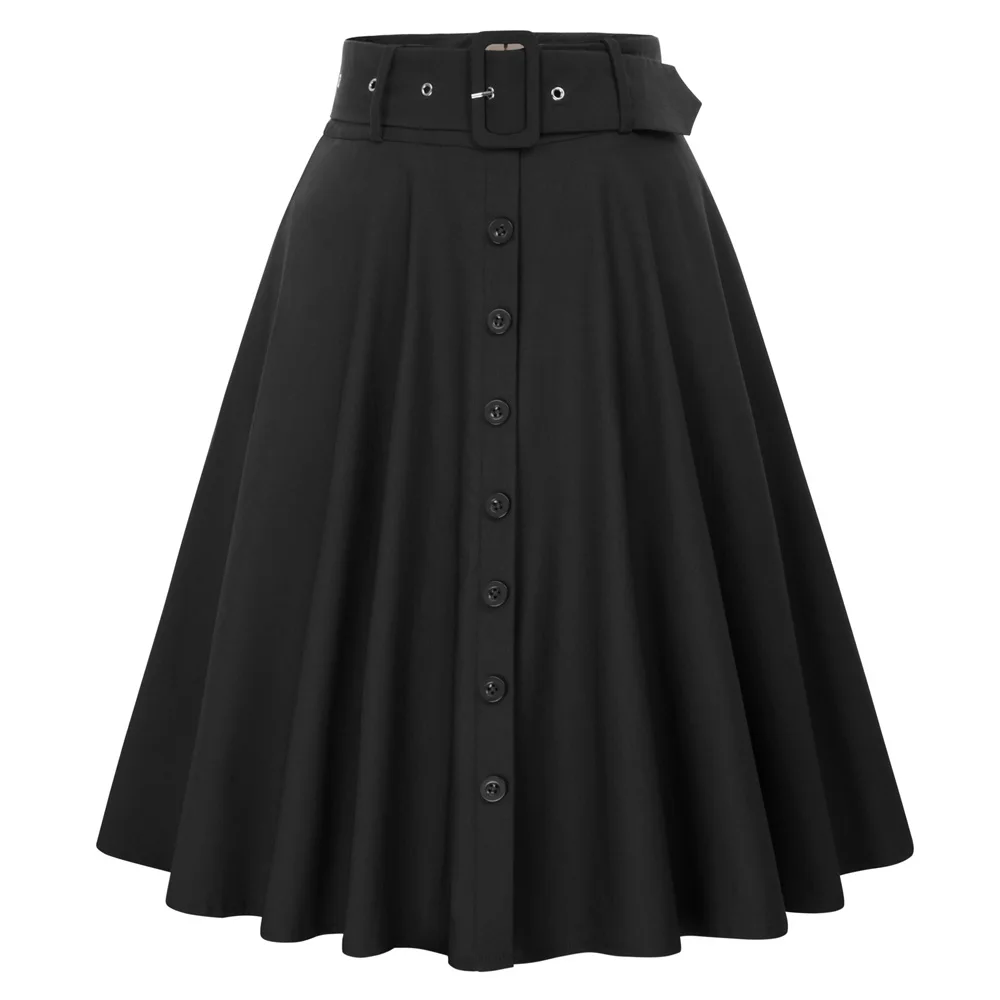 

BP Women's Skirts Solid Color Buttons Decorated Flared High Waisted Vintage A-Line Skirt With Belt & Pockets Big Swing Skirts