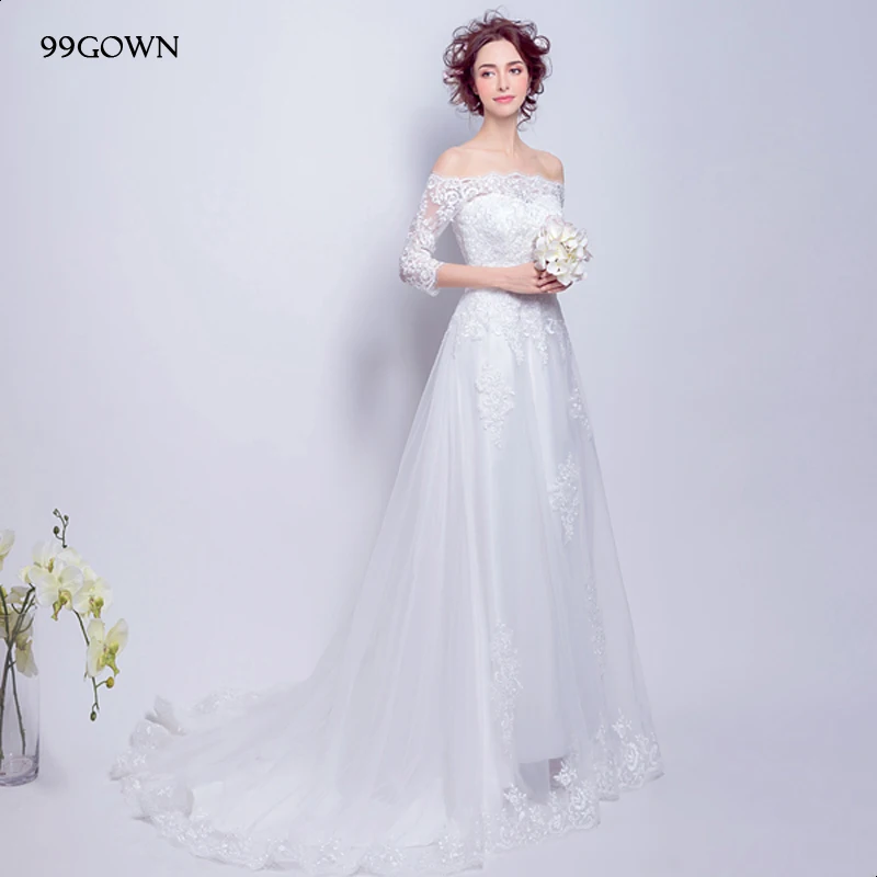 99GOWN, сексуальное длинное свадебное платье из тюля с открытыми плечами и кружевом для женщин, роскошное свадебное платье с длинным шлейфом и шнуровкой сзади