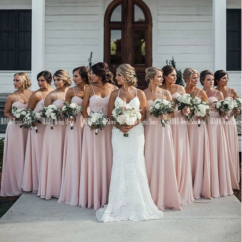 Cheap Sweetheart Dusty Pink Bridesmaid Dresses Spaghetti Straps A Line Long Wedding Party Dresses Vestido De Fiesta De Boda