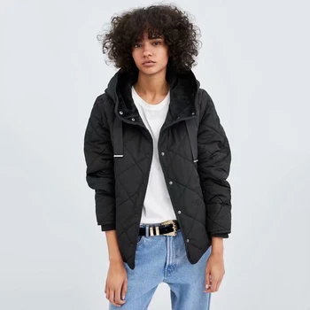 

Fashion Autumn Winter Cotton Clothing for Women Black Solid Color Hooded Collar Zipper Casual Elegant Cotton Clothing Wholesale