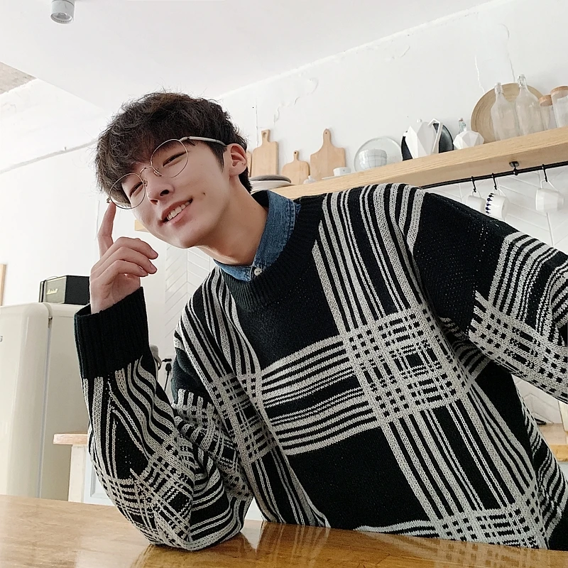 YUECHE Autumn And Winter Men's New Striped Contrast Color Round Neck Long-sleeved Sweater Casual Loose Youth Popular YUECHE Autumn And Winter Men's New Striped Contrast Color Round Neck Long-sleeved Sweater Casual Loose Youth Popular