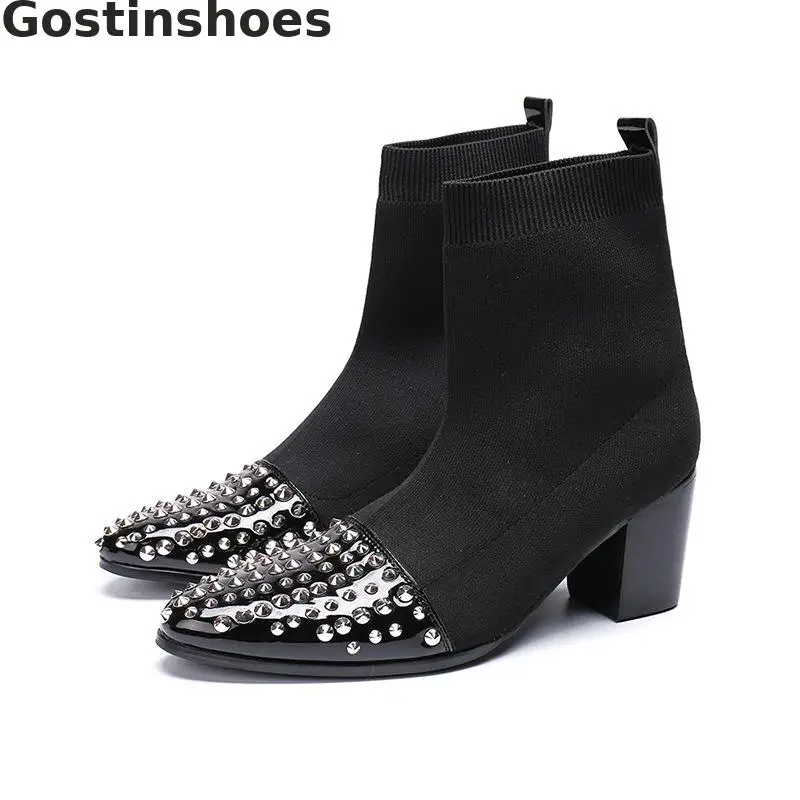 

New Martin Boots Black Stretch Fabric Side Zip Slip-on Men Short Boots Height Increased Rivets Metal Cap Toe Pointed Ankle Boot