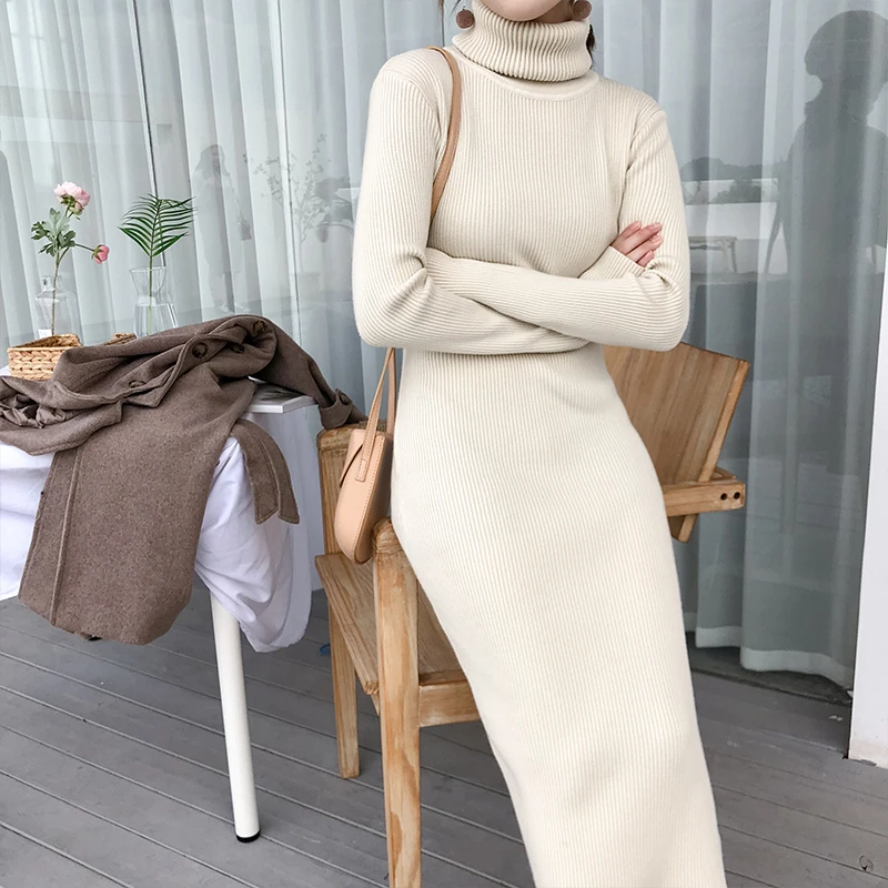 

Retro temperament 2024 autumn and winter new long skirt Hepburn style long over-the-knee stitch long-sleeved knitted dress women
