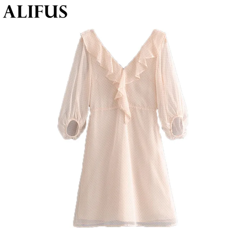 Fashion Za Sweet Women Vintage Cotton New Fashion Elegant Lady V Neck Half Sleeve A-line Summer Sexy Chiffon Dress