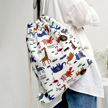 

Women Girls Cartoon Animal Print Canvas Drawstring Backpack Female Casual Drawstring Pocket Bag