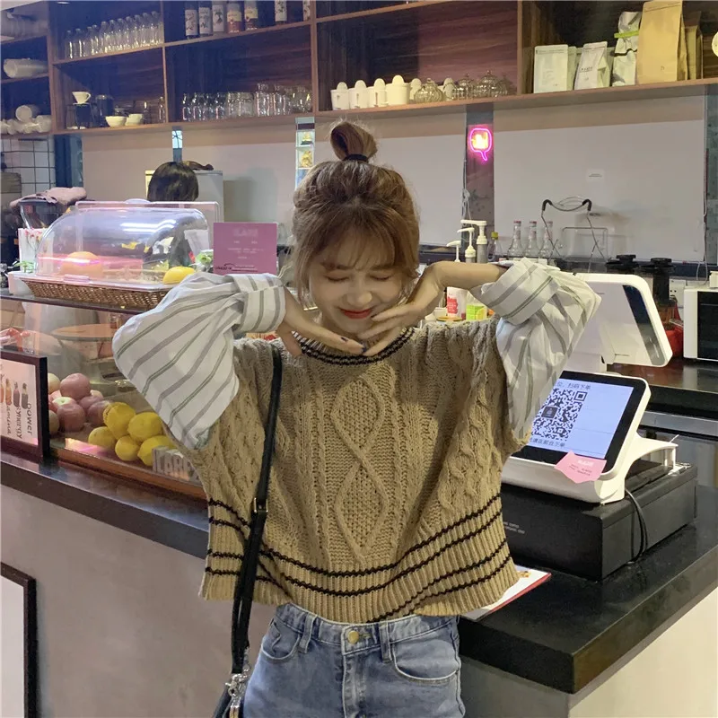 2020 Winter Fashion Harajuku Knit Sweater Korean Woman Pullover Patchwork Contrast Color Cropped Weater Fake Two Jumper Tops