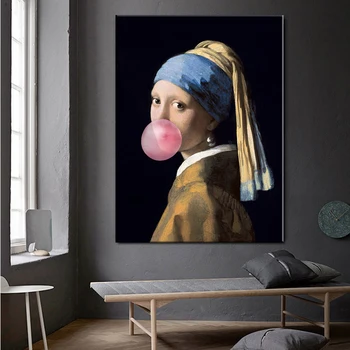 

Woman Girl Pearl Earrings Bubble Retro Wall Art Canvas Painting Nordic Posters And Prints Wall Pictures For Living Room Decor