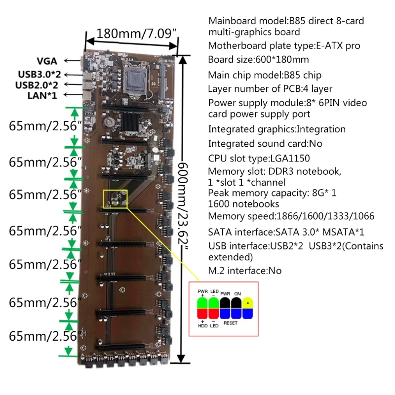 B85 Mining Motherboard 8 PCIE 16X Graphics Card Slot DDR3 8G Memory Mainboard for LGA 1155 ETH ETC Miner BTC best pc mother board